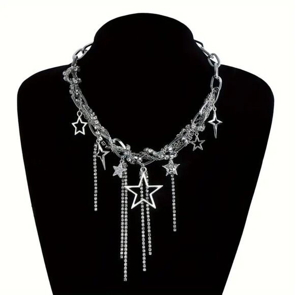 Party Festival Rave Punk Silver Star Dangle Chain Necklace with Tassel - Picture 2 of 7